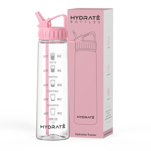 HYDRATE Water Bottles Motivational premium 900ml water bottles with straw â Daily water intake with Time Markings, BPA-Free. Leak proof Ideal for hydration at office, gym. (Pink)