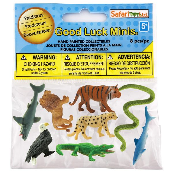 Safari Ltd. Good Luck Minis Predators Fun Pack – 8 Mini Figurines of Blue, Great White, & Tiger Sharks, Bald Eagle, Lion, Cheetah, Alligator, Snake – Educational Toy Figures Boys, Girls & Kids Ages 5+