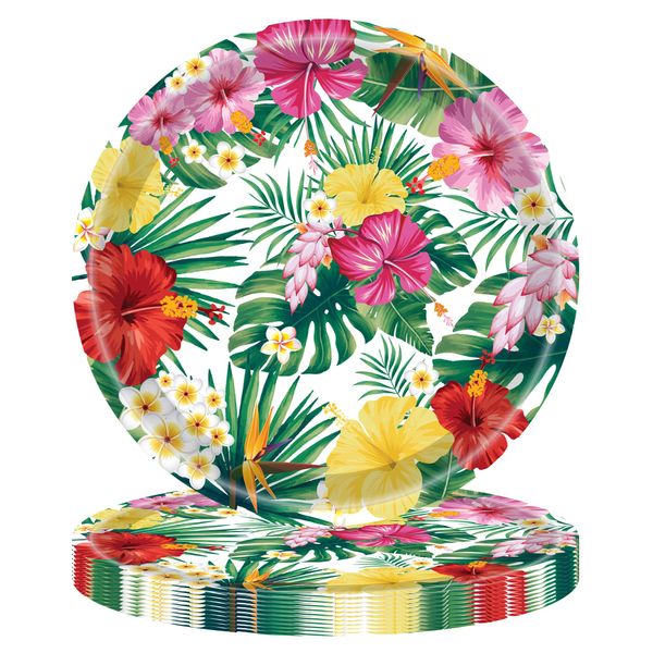 32pcs Hawaiian Luau Paper Plates 7" Disposable Tropical Luau Party Platters Hawaiian Luau Party Supplies Aloha Hawaiian Paper Plates Hawaiian Tropical Hibiscus Paper Plates for Luau Party Supplies