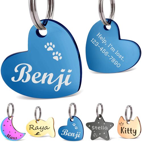 Anavia Small Size Dog Cat ID Tags, Small/XS Personalized Color Plated Stainless Steel Puppy Kitten Name Tags, Customized Engraved Nameplate Pet Collar Tag (Blue, Heart)