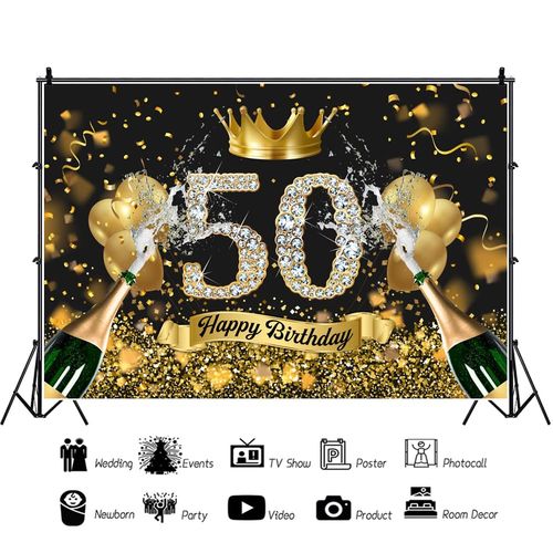 Leyiyi 10x8ft Photography Background 50th Happy Birthday Luxurious Sparkly Diamond Crown Sequins Wine Bottle Bokeh Black and Gold Backdrop Adults Lady Man Birthday Banquet Banner Decor Wallpaper