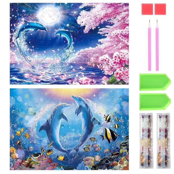 Samcos Diamond Art Kit, Diamond Paintings, Set of 2, Cute, Beautiful, Full Paste Diamond Art, 5D, Adult Kids, Beginners, DIY Craft Kit, Home Wall Decor