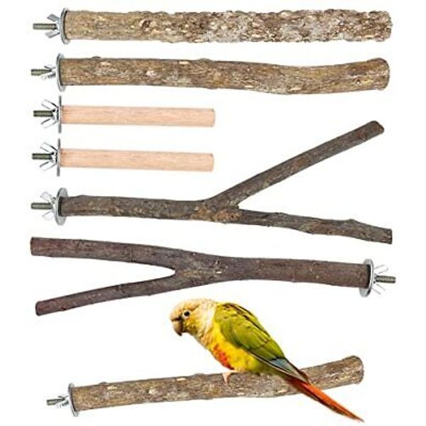 6 PCS Bird Perch, 3 Types Bird Stand Toy Set Natural Wood Parrot Stand Branch