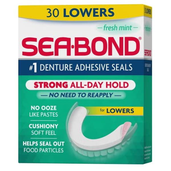 Sea Bond Secure Denture Adhesive Seals, Fresh Mint Lowers, Zinc-Free, All-Day-Hold, Mess-Free, 30 Count (Pack of 1)