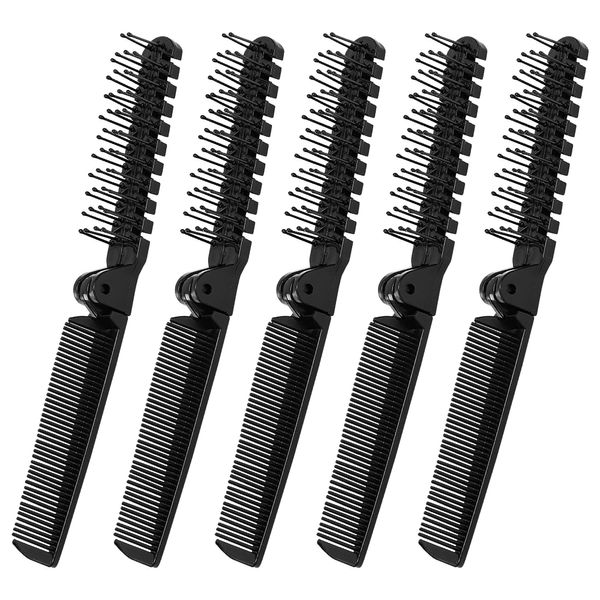 uxcell 5 Pcs Plastic Folding Hair Brush, Black Double Headed Hair Straight Combs, Foldable Anti-Static Hair Fine Teeth Comb for Women Men,Travel Hairdressing Tools for Cutting,Home,Barber