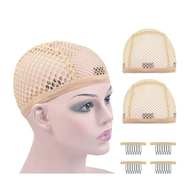 YTBYT Mesh Wig Caps Crochet Wig Caps with Combs for Making Wigs (Beige 2 pcs)