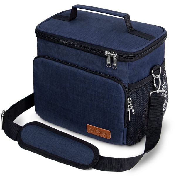 Tiblue Insulated Lunch Bag for Women/Men - Reusable Box for Office Work School Picnic Beach - Leakproof Freezable Cooler Bag with Adjustable Shoulder Strap for Kids/Adult(Medium, Navy Blue)