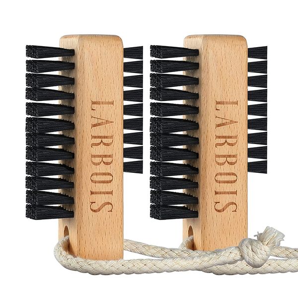 Wooden Nail Brush,Larbois Double Sided Hand and Nail Cleaning Brush, 2Pcs Scrubbing Brush Eco Friendly Fingernail Brush with Hanging Rope for Hand Toes Nail Home Garden Salon use-Bench Wood-Black