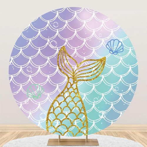 AOFOTO 7x7ft Mermaid Scales Round Backdrop Cover Fabric for Photography Purple Blue Fish Scales Golden Tail Background Girls Birthday Party Personalized Baby Shower Decorations Photobooth Props