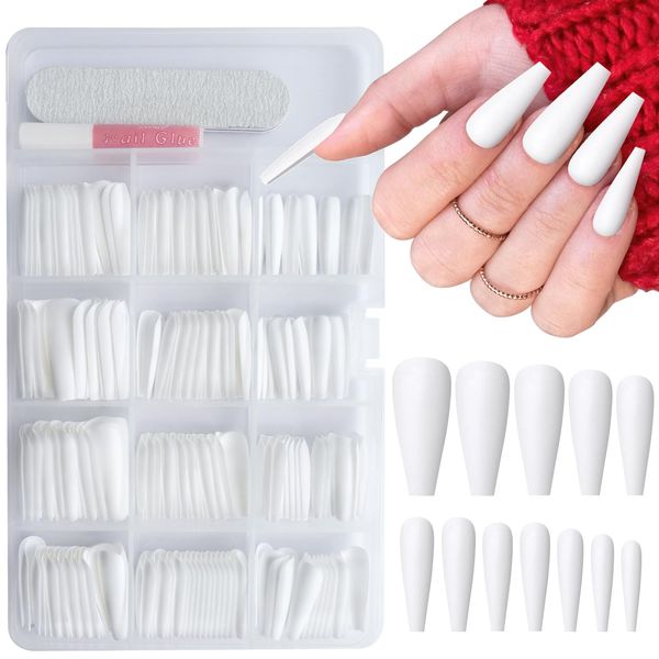 AddFavor 240pcs Coffin Press on Nails Long White Full Cover Fake Nails Matte Ballerina False Nail Tips for Women and Girls, White Nails