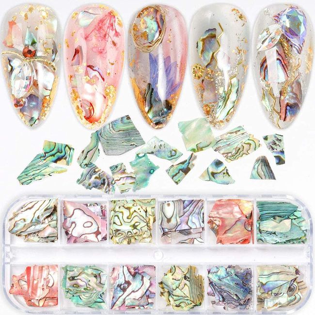 12 Grids Abalone Seashell Slices,Irregular Abalone Shell Slices Nail Art Glitter Flakes Acrylic Nails Supplies Holographic Glitters Nail Art Shell Piece Charm Shiny Decoration UV Gel Accessories Craft