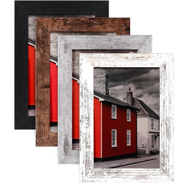 LANDNEOO 4x6 Picture Frame Set of 4, Wood Farmhouse Style Frames, Display Pictures 3.5x5 with Mat or 4x6 Without Mat for Wall Mounting or Table Top Display, Multicolour