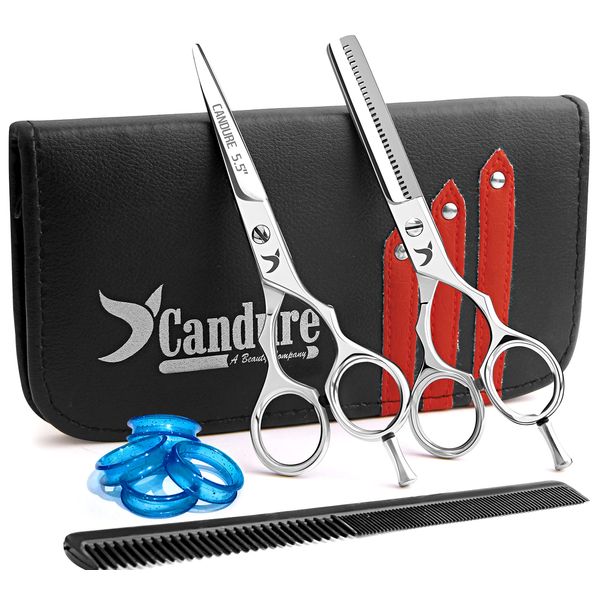 Candure Hairdressing Scissor Hairdresser thinning Scissor Set - 5.5 Inch Hair Cutting and Hair Scissor with Comb and Pouch - for Men, Women, Children and Professional Barbers