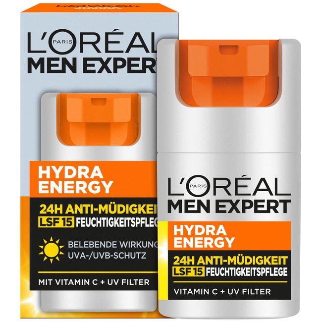 L'Oréal Men Expert Gesichtspflege mit LSF 15 für Männer, Belebende Feuchtigkeitscreme 24H Anti-Müdigkeit mit Sonnenschutz, Gesichtscreme für Herren mit Vitamin C und Proteinen, Hydra Energy, 1 x 50 ml