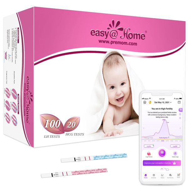 Easy@Home 100 Ovulation (LH) and 20 Pregnancy (HCG) Test Strips Kit, FSA Eligible, Powered by Premom Ovulation Predictor iOS and Android APP, 100 LH + 20 HCG