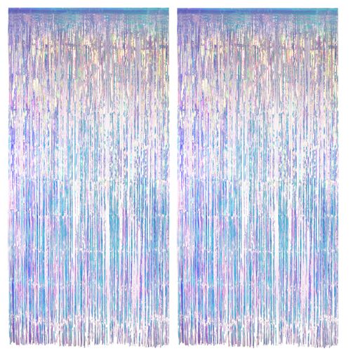 Iridescent Party Streamers Backdrop - GREATRIL Neon Transparent Holographic Tinsel Foil Fringe Curtain for Mermaid/Frozen/Sea/Euphoria/ERAS Party Theme Decorations 2 PCS