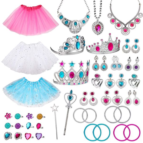 WATINC 51Pcs Princess Jewelry Toy Pretend Play Set Ballet Tutu Skirts of Stars Snowflake for Little Girls Crowns Necklaces Adjustable Jewel Rings Earrings Bracelets Wands Dress Up Accessories for Kids