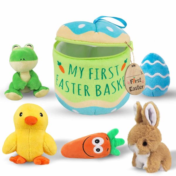 Bunny Chorus Easter Basket Playset, 6ct Stuffed Plush Bunny Chick Carrot Egg Frog for Baby Girls Boys, Easter Theme Party Favors Stuffers Gifts, Easter Decorations Party Supplies