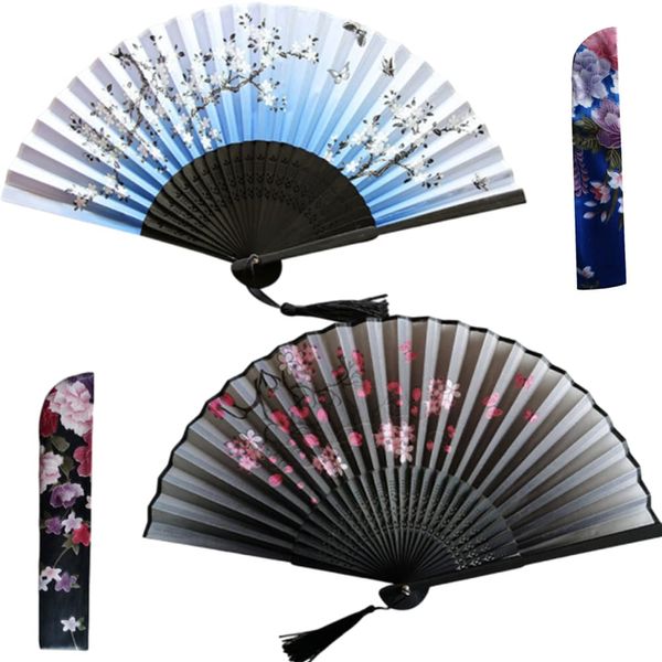 QIMENGJUN 2 Pcs Folding Hand Fan Fabric Hand Fan Black Silk Fabric Bamboo Ribs Hand Held Chinese Fan for Dancing Cosplay Props Wedding Party Home Decorations (3)