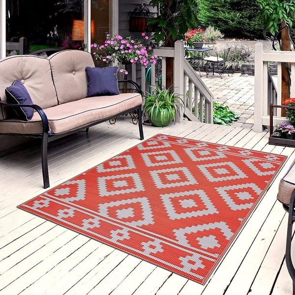 5' X 7' Indoor Outdoor Rug Mat In Orange White Reversible Porch Patio Deck RV