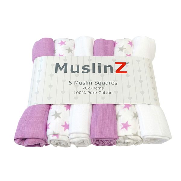 MuslinZ 6pk Baby Muslin Squares - Baby Burp Cloth - Newborn Essential mulit-use - Soft and Absorbent 100% Cotton 70x70cm (Violet Mix)