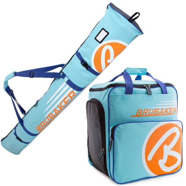 BRUBAKER Champion Combo - Limited Edition - Ski Boot Bag and Ski Bag for 1 Pair of Ski up to 170 cm, Poles, Boots and Helmet - Light Blue Orange