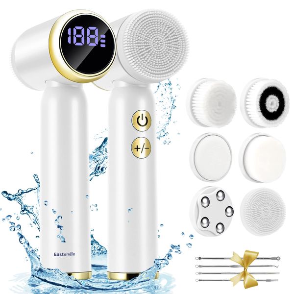 Easterville Facial Cleansing Brush-Rechargeable Face Brush IPX6 Waterproof Spin Face Scrubber, Face Exfoliator Brush-3 Speeds&6 Brushes for Cleansing Silicone Face Cleanser