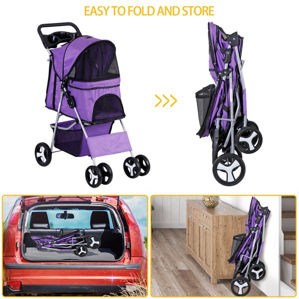 Folding Dog Stroller Travel Carrier Small Medium Cat Pet with Cup Holder Purple