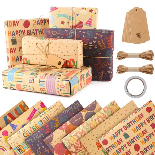 Geschenkpapier Geburtstag Set, 8 Blatt 70x50cm Geschenkpapier Kinder mit Klebeband 2 Hanfseile 8 Kraftpapieranhänger Wrapping Paper Geschenk Papier für Männer Frauen Mädchen Junge