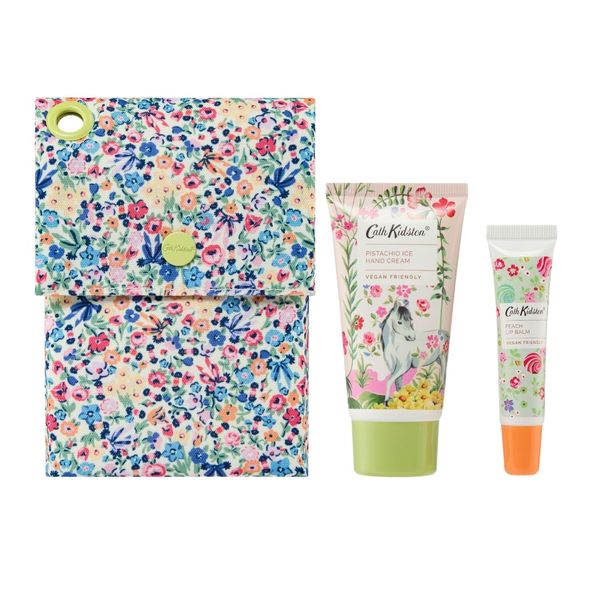 Cath Kidston Hand Cream 50ml, Lip Balm 10ml and Travel Pouch, Essential Oils to Keep Hands Soft and Moisturised, Beauty Gift For Her, Travel Size, Vegan Friendly and Cruelty Free