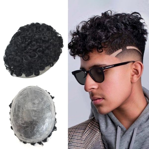 Hair Wonders Afro Toupee For Black Mens Hair Units For Man African American Curl Hair Systems PU Mens Hair Replacement Curly Male Hair Pieces For Black Men 8X10 25MM Afro Wave #1 Jet Black