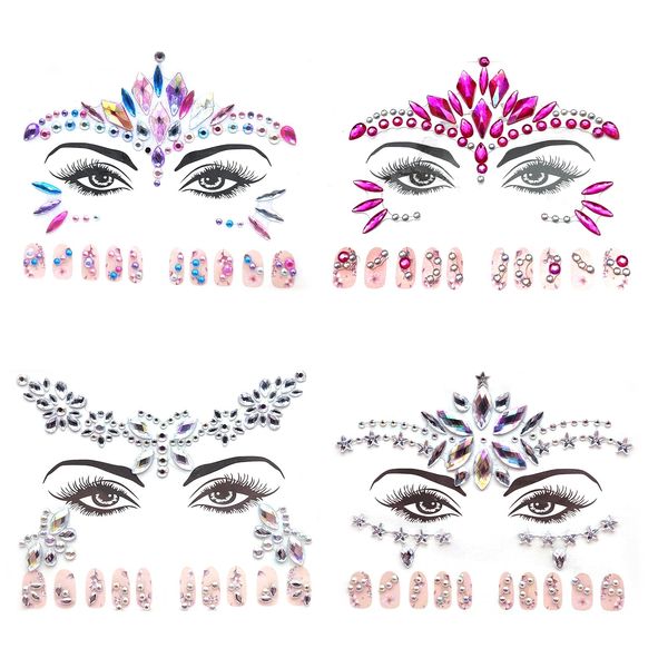 Defresit 4 Pcs Face Sticker Gem, Festival Face Jewels Face Stickers Self-Adhesive with Nail Wraps, Face Glitter Stickers for Make-Up Festival Christmas Birthday Carnival Party