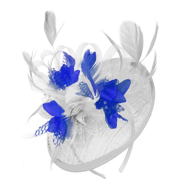 Caprilite White and Royal Blue Sinamay Disc Saucer Fascinator Hat for Women Weddings Headband