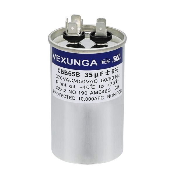 VEXUNGA 35uF 35 MFD 370VAC 440VAC 450VAC 50/60Hz CBB65 CBB65B Run Start Capacitor for AC Unit Fan Motor Start or Pool Pump or Air Condenser Straight Cool