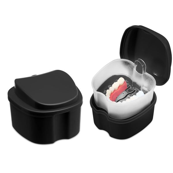 1 Pcs Denture Cleaning Box with Drainage Baskets, Durable Denture Bath, Black