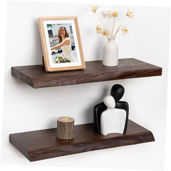 24" Rustic Elm Wood Floating Shelves for Wall, Live 24inch, set of 2 Walnut