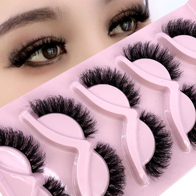 HBZGTLAD NEW 5 Pairs Fluffy Natural Lashes Makeup Handmade Reusable Short 8mm-22mm Wispy Strip Faux Mink False Lashes (RU-1)