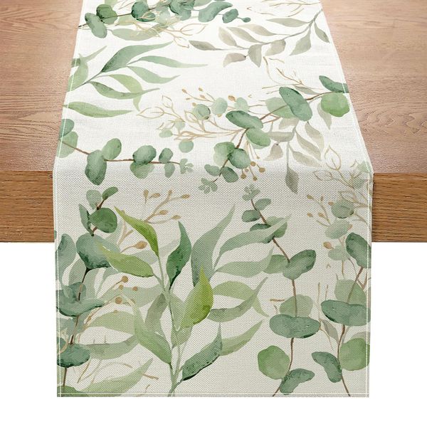 Dremisland Eucalyptus Leaves Summer Table Runner Sage Green Table Cover Cotton Linen Seasonal Table Mat Runners for Kitchen Dining Table Decor Indoor Outdoor Party Supply, 30x180cm