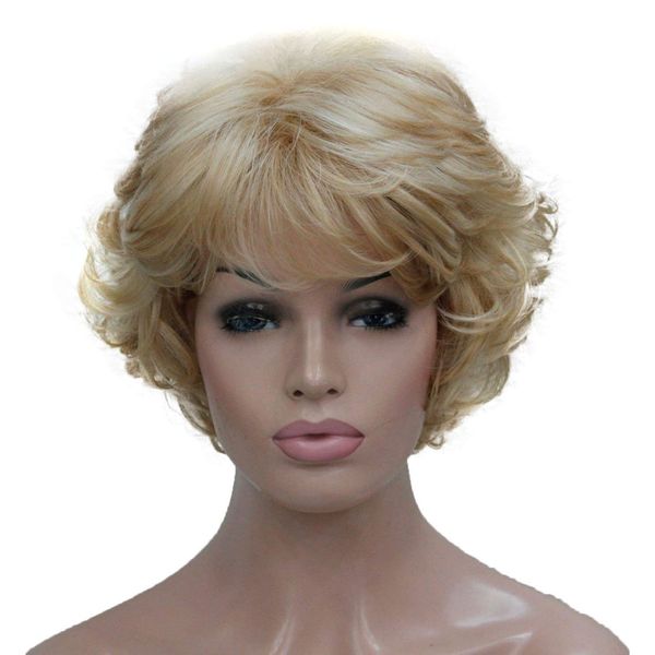 Lydell Women's Short Wavy Curly Wig Synthetic Hair Full Wig 6 inches (24H613 Blonde Highlights)