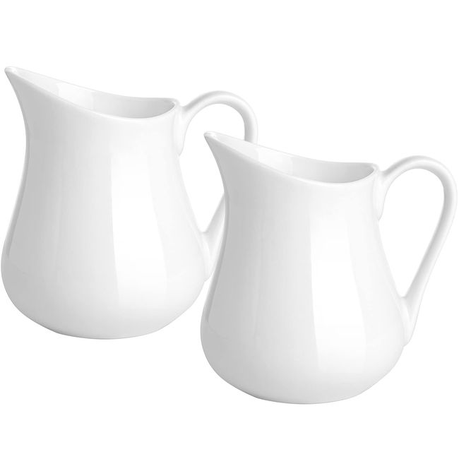 Gurygo 2 Pack 4 Oz Classic White Creamer with Handle - Small Creamer Pitcher Set - Fine Porcelain Small Milk Pitcher - Ceramic Creamer Pitcher for Coffee Milk Sauces Salad, Microwave & Freezer Safe