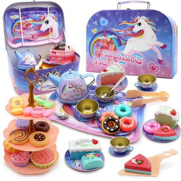 Dollox Kids Tea Party Playsets for Little Girls, Pretend Tin Teapot Set Princess Tea Time Toys Playset with Teapot, Cups, Plates and Carrying Case Birthday Gifts Ideas for Age 3 4 5 6 Years Old Girls