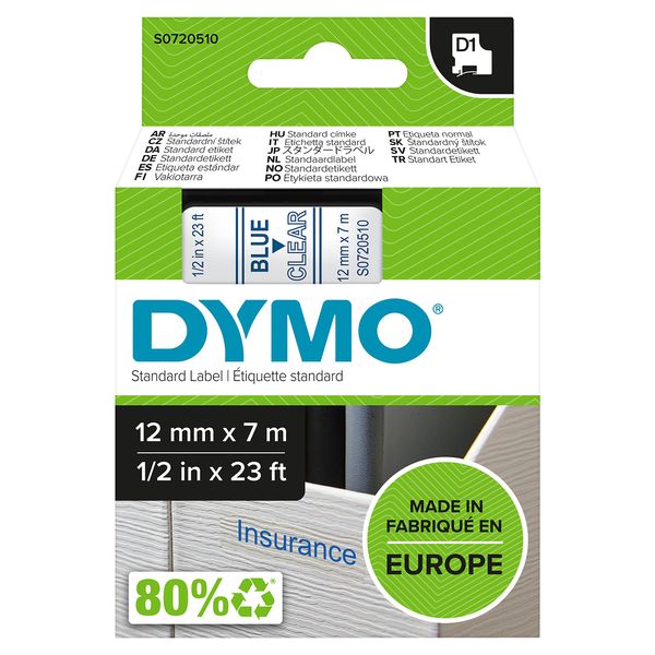 DYMO Authentic D1 Labels | Blue Print on Clear Tape | 12 mm x 7 m | Self-Adhesive Labels for LabelManager Label Makers | Made in Europe