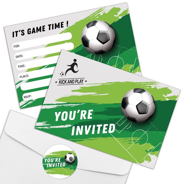 REWIDPARTY Soccer Party Invitation Cards with Envelopes & Stickers（Set of 15） Soccer Birthday Party Fill in Invitations Soccer Game Invites Cards Soccer Sport Party Supplies for Kids Teens Adults