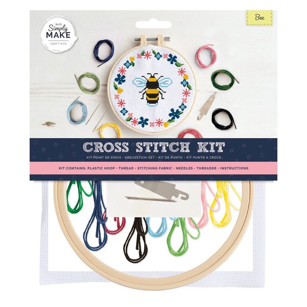 Simply Make Cross Stitch Kit - Bee Design for Kids and Adults, Including Hoop, Embroidery Thread, Fabric and Needle - Perfect for Adult Crafts and Beginners - Starter Cross Stitch Craft Kit