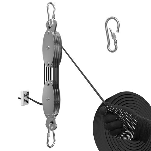 Upgraded Block and Tackle Pulley System 7:1 Rope Pulley Hoist Pulley System for Garage 60FT, 530Lbs Pulley Block with Locking Carabiners for Kayak Hunting Warehouse Deer Hoist