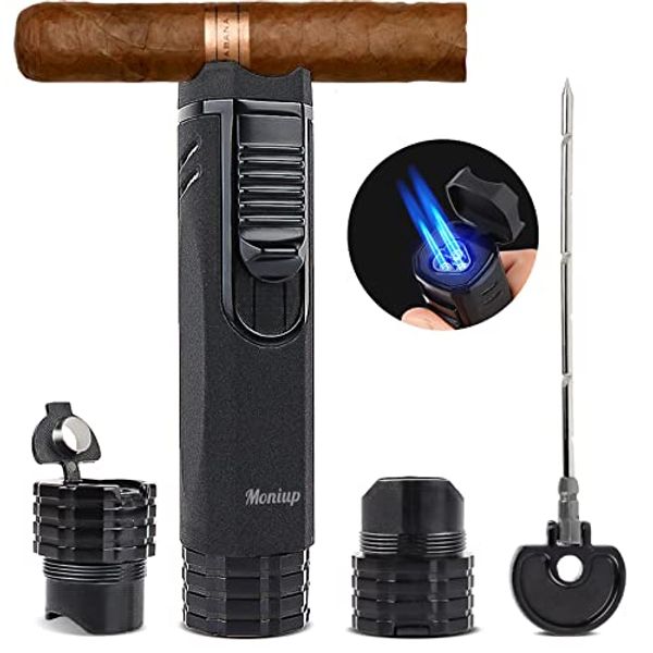 All-in-one Torch Cigar Lighter with Triple Flame, Cigar Punch, Cigar Poker, Cigar Holder, Gas Window, Luxurious Gifts for Men, Refillable Windproof Butane Lighters for Smoking, Candles, BBQ.