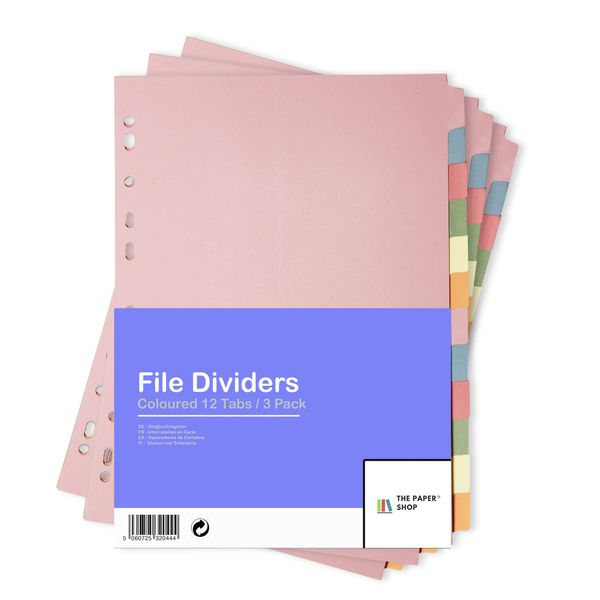 [3 Pack] A4 File Dividers 12 Part | A4 Subject Dividers 12 Part Card Folder Dividers Multi Hole Punched in Assorted Colours | Fit All A4 Portrait File Dividers (3)