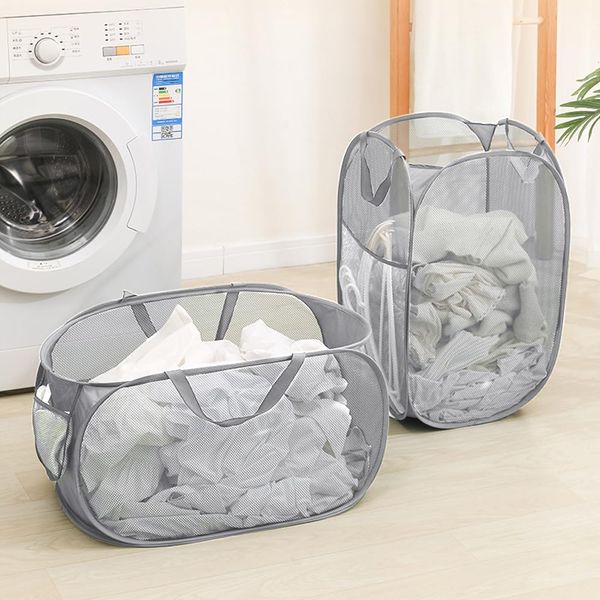 HEKOBAG 2 Pack Pop Up Collapsible Laundry Baskets, Foldable Laundry Hamper Bins with Side Pocket & Handles Mesh Laundry Basket Portable Dirty Clothes Hamper for Laundry, Bathroom, Dorm,Travel