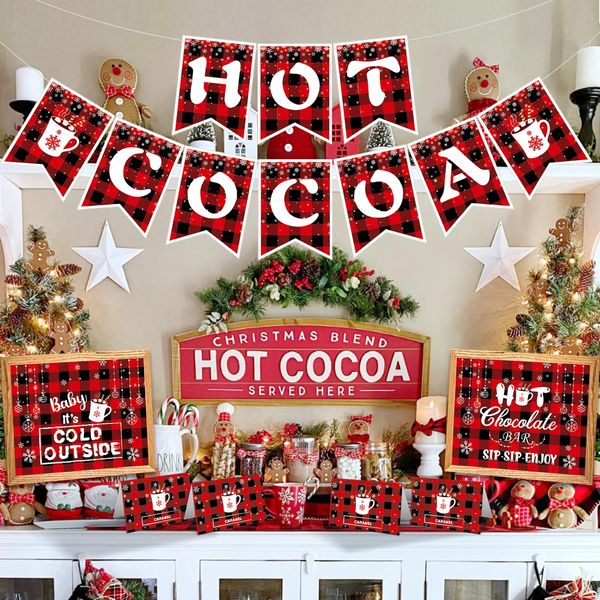 Hot Cocoa Bar Decoration Kit Snowflake Hot Cocoa Bar Banner Christmas Hot Chocolate Bar table signs Toppings Labels Cup Stickers for Winter Birthday Christmas, New Year Decoration