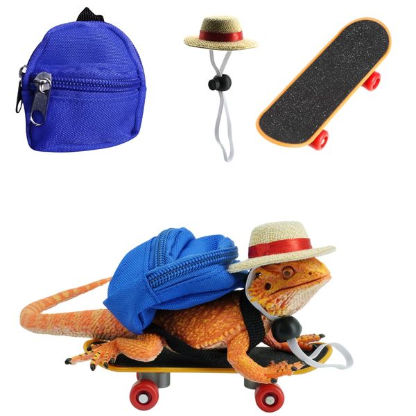 TTMIMIK 3 Pack Bearded Dragons Accessories Toy Lizard Backpack Adjustable Hat and Mini Skateboard Fit for Lizard Bearded Dragons Hamster Parrot Little Turtle Reptiles Small Animals